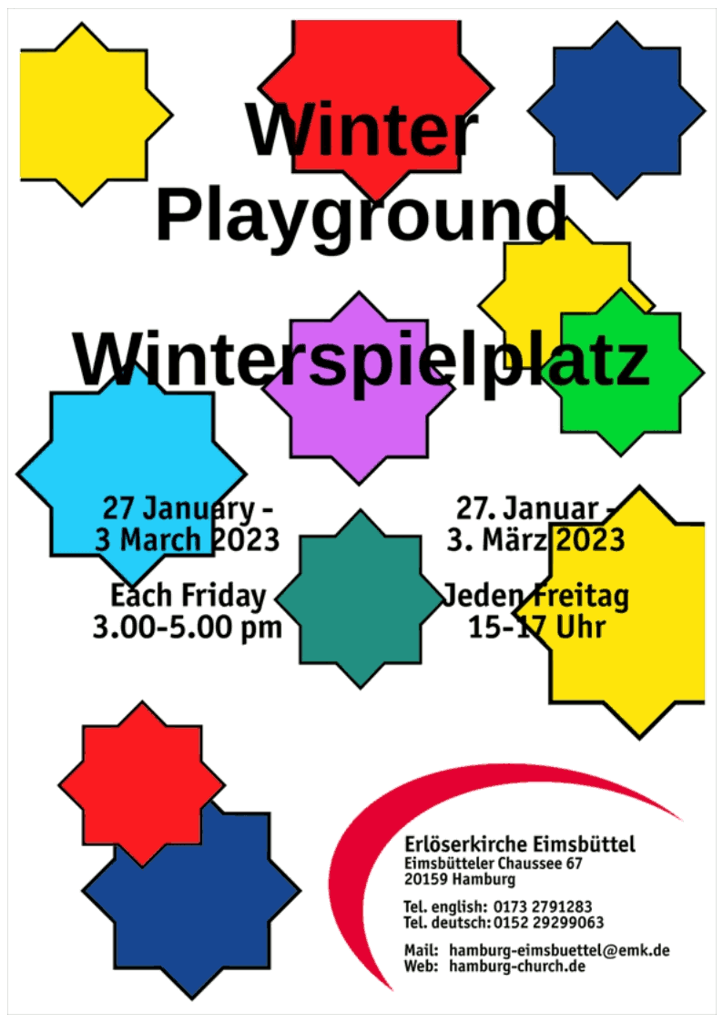 Winter playground poster (Winterspielplatz) with dates and times with stars in the background.