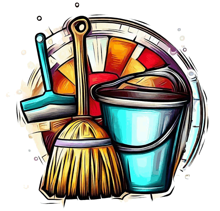 A highly saturated cartoon bucket and broom in front of a stain glass window